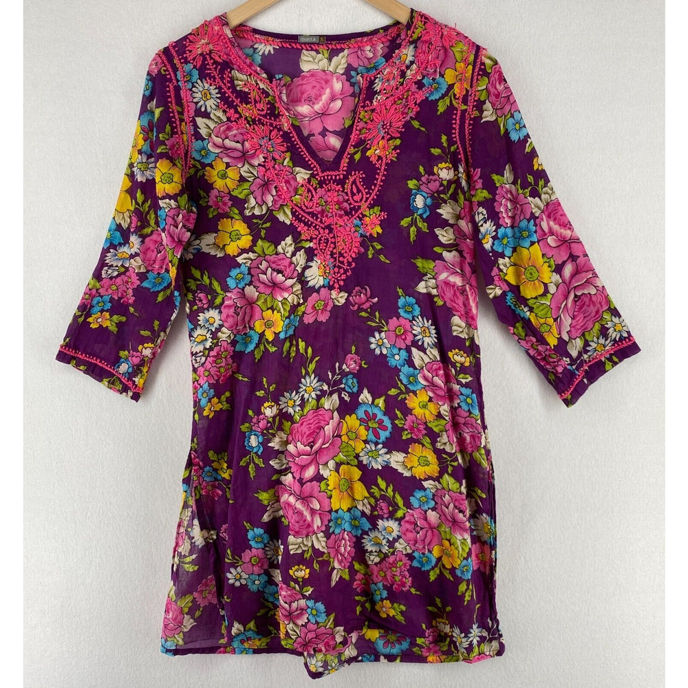 MATTA Top Womens S Peasant Floral Embroidered Tunic Split Neck 3/4 Sleeve Purple